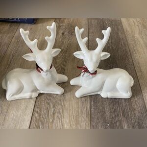 Vintage white Holly Tree set of 2 ceramic deers